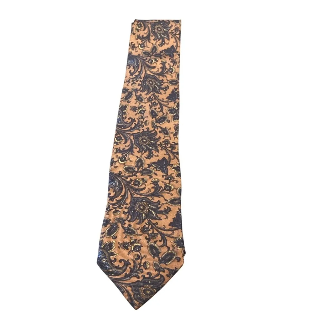 Ike Behar New York Mens Silk Tie Orange Navy Blue Gold Floral Paisley Ribbed